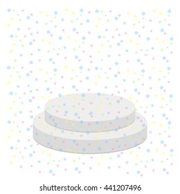 3d realistic platform for design. Star shape confetti. Round stage podium. Isolated. White background. Template. Flat design. Vector illustration