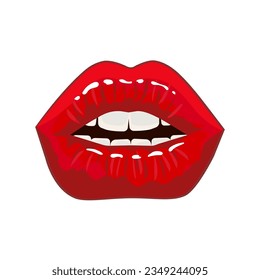3D realista, labios de plump en un color rojo vibrante. Estos labios jugosos y brillantes exudan sensualidad y deseo. Perfecto para estética, moda y románticos diseños. Abrir boca con dientes, promoción de lápiz labial