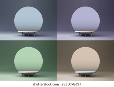Un podio realista en 3D con fondo de círculo y una escena de pared mínima es una maqueta perfecta para la visualización de su producto. Es moderna y minimalista, ilustración vectorial