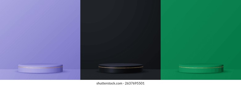 3D realistic podium display set in three color variations: purple, black, and green. Each podium features a minimal round platform with a gold accent stripe.
