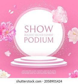 Podio 3D realista con flores caídas. Diseño cosmético fresco en el escenario perfecto.