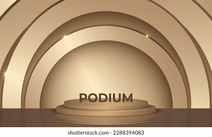 3d realistic podium on a studio room background with golden arch. Vector rendering 3D stage for award ceremony or displaying a cosmetic product promotion sales and marketing. Vector illustration