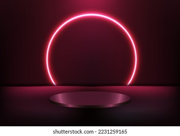 3D realistic podium pedestal with glow spotlight and blank display red neon light circle backdrop on dark background. Youcan use for mockup cosmetic presentation, showcase, etc. Vector illustration