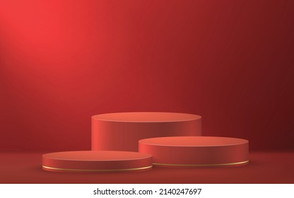 3d realistic podium or pedestal on red luxury background. Product presentation mockup