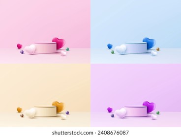 3D realistic podium platform pedestal stand decoration with heart shape symbol on pastel background. Valentine day for product display mockup showcase. Promotion sale. Vector illustration