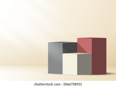 3D realistic podium platforms with light and shadow on beige background. Vector graphic illustration
