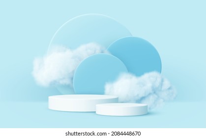 3d Realistic Podium Product And Smoke Clouds. Blue And White 3d Render Scene With Product Podium Display And Clouds. Vector Illustration