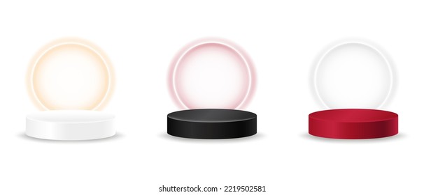 3d realistic podium. Sale promo banner template with illuminated circle, sale and discount background. Vector geometric platform.