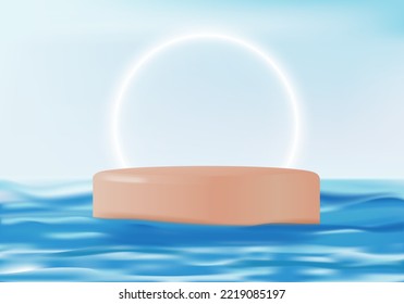 3d realistic podium in the sea. Scene for demonstration of goods, discounts. Sky and water. Vector geometric platform.