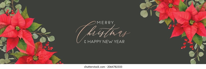3d Realistic Poinsettia flower poster. Merry Christmas and Happy New Year banner. Xmas Floral bouquet design. Holiday brochure, header for website, greeting card, flyer