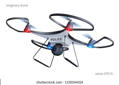 3d realistic police drone. Search and rescue quadcopter with a red and blue flashing lights. Unmanned cop copter flying, watching with integrated video camera to prevent crime. Isolated vector object.