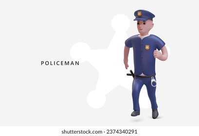 3d realistic policeman wearing police uniform and running. Young cop guard person working in safety patrol, ready to help and protect. Vector illustration with place for text