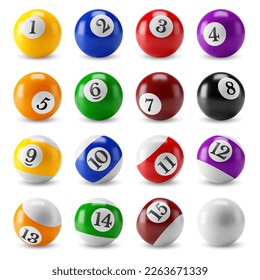 3d realistic Pool or American billiards balls collection. Snooker color balls with numbers and zero ball. Isolated on white background. Billiards icon set. Vector illustration.