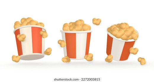 3d realistic pop corn in bucket container in plastic cartoon style. Vector illustration.