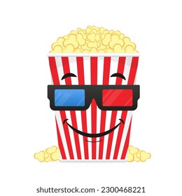 3d realistic pop corn bucket container with glasses for watching movies in plastic cartoon style. Cinema design in flat style. Smile. Movie time. Cinema poster. Vector illustration