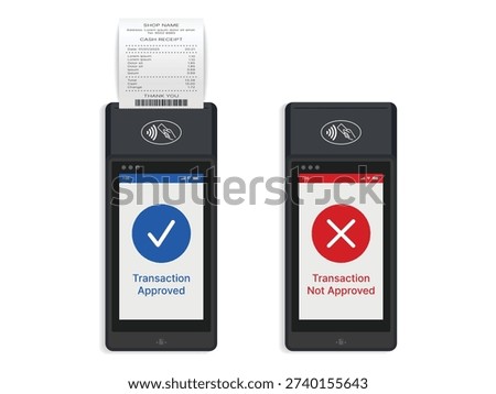 3D Realistic POS Payment Terminal with Paper Receipt and Approved Transaction Screen, Contactless Card Machine Device, Modern Retail Checkout Equipment. Vector Illustration