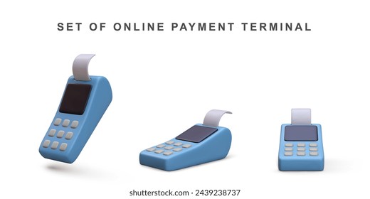 3d Realistic Pos terminals payment methods, online shopping payment by credit card. Vector illustration.