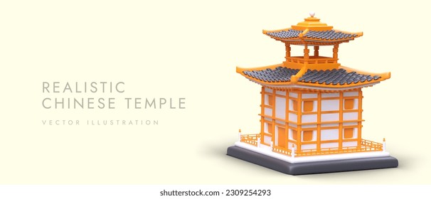 3d realistic poster with Chinese temple and place for text. Web page for Chinese gift shop or travel company. Colorful vector illustration in orange color with white background