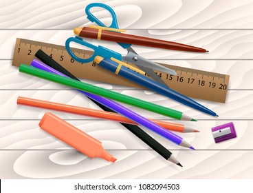 3D Realistic Poster Design in a Blackboard with School Items. Editable Vector Illustration.