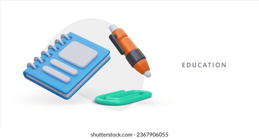 3d realistic poster with notebook, orange pencil and clip. Kit for education and work in office concept. Back to school. Vector illustration with elements for study in blue colors