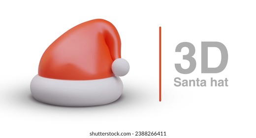 3d realistic poster with Santa red hat. New Year red hat with white bubo. Part of costume for winter holidays. Vector illustration in 3d style with place for text