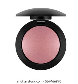 3d realistic of powder-case. Beige powder for makeup in black round plastic case. Cosmetic for make-up and beauty. Vector illustration isolated on white background.