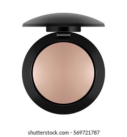 3d realistic of powder-case. Beige powder for makeup in black round plastic case. Cosmetic for make-up and beauty. Vector illustration isolated on white background.
