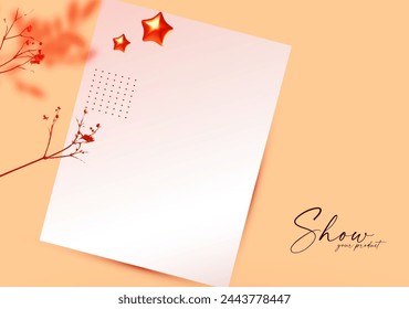 3D realistic premium product display design template. Scene with A4 paper banner set, light and shadow. Elegant vector platform. Stage for showcase