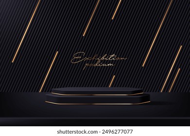 3d realistic product black podium stand with luxury golden elements background. Vector elegant and sophisticated scene, platform for events, exhibitions, speeches and presentations, cosmetics showcase