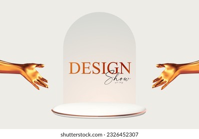 3D realistic product display design template. White scene with ciecle podium. Elegant vector platform with showing golden hands. Stage for showcase