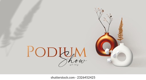 3D realistic product display design template. White scene with podium. Elegant vector platform. Vase with light and shadow. Stage for showcase