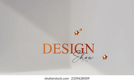 3D realistic product display design template. White scene with gold stars and shadows. Elegant vector platform. Stage for showcase. Empty room