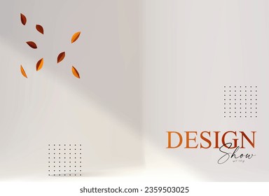 3D realistic product display design template. White scene with leaves and shadows. Elegant vector platform. Stage for showcase. Empty room