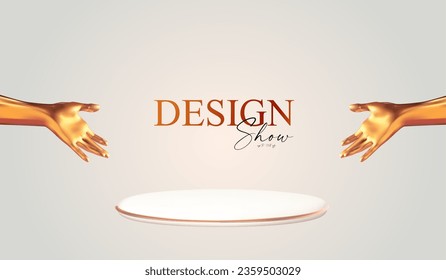 3D realistic product display design template. White scene with ciecle podium. Elegant vector platform with showing golden hands. Stage for showcase