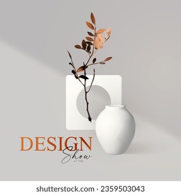 3D realistic product display design template. White scene with podium. Elegant vector platform. Vase with light and shadow. Stage for showcase
