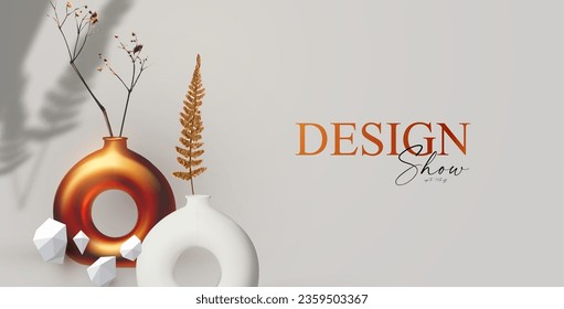3D realistic product display design template. White scene with podium. Elegant vector platform. Vase with light and shadow. Stage for showcase