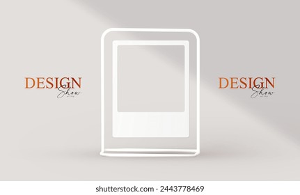 3D realistic product display design template. White scene with podium and social media frame. Elegant vector platform. Stage for showcase. Empty room