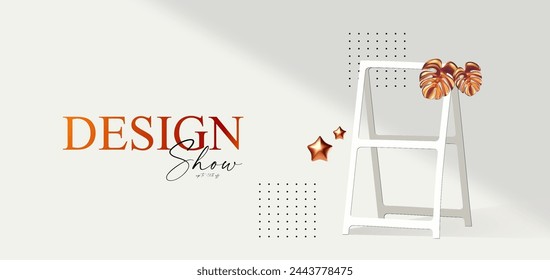 3D realistic product display design template. White scene with abstract geometric composition withvase, monstera palm leaves and standing banner. Elegant vector platform. Stage for showcase