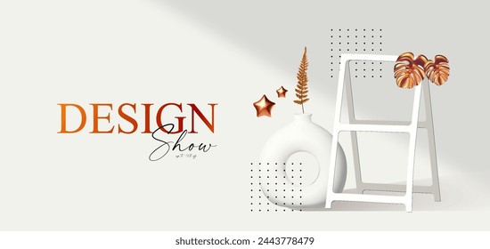 3D realistic product display design template. White scene with abstract geometric composition with vase, monstera palm leaves and standing banner. Elegant vector platform. Stage for showcase