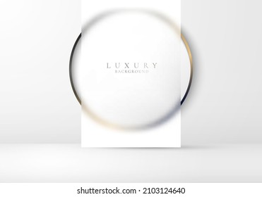 3D realistic product display white and golden circle glass tranperency backdrop on clean background minimal style. Geometric platform design. You can use for product display, presentation cosmetic
