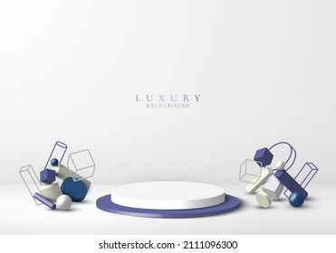 3D realistic product display white and blue podium with geometric decoration on clean background minimal style. Geometric platform design. You can use for product display, presentation cosmetic, etc