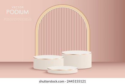 3D realistic product pedestal podium background of white cylinder with golden arch. Wall mockup, stage product showcase, advertising display. Abstract vector geometric shapes.
