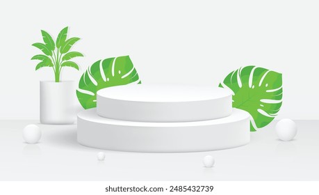 3D Realistic product podium design. Abstract podium design with a room and tree. White color. Natural cosmetics. Product showcase background art. Pearl Vector Art.Colorful.