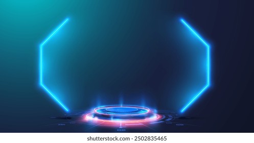 3D realistischer Podiumständer mit Bühne und blauem Neonbogenrahmen. Eine leuchtende holografische Anzeigeplattform mit neonblauen und roten Lichtern auf dunklem Hintergrund, ideal für die Technik. Vektorgrafik