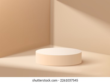 3D realistic products display beige podium stand pesestal on brown background with lighting. Pastel minimal scene for products showcase. cosmetic display mockup.Vector abstract illustration