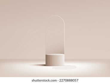 3D realistic products display beige podium stand pedestal on brown background with transparency glass backdrop minimal style. You can use for product presentation, cosmetic display mockup, showcase