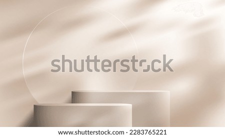 3D realistic products display beige podium stand pedestal on brown background with circle glass transparent and leaf shadow lighting. You can use for product presentation, cosmetic display mockup