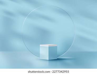 3D realistic products display blue podium cube stand with transparency circle glass backdrop and leaf shadow minimal wall scene on blue background. You can use for product presentation, cosmetic