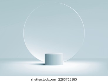 3D realistic products display blue podium pedestal stand with transparency circle glass backdrop minimal wall scene on blue background. You can use for product presentation, cosmetic display mockup