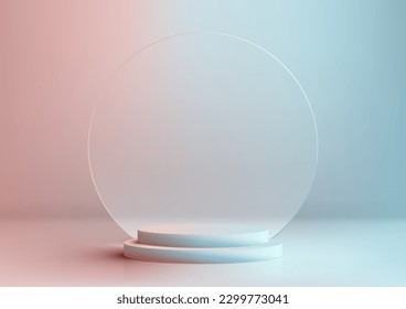 3D realistic products display blue and pink podium pedestal stand with transparent circle glass backdrop minimal wall scene on pastel colors background. You can use for product presentation, cosmetic